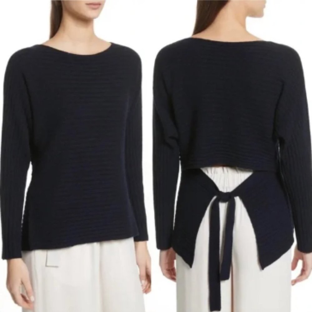 NWT, Vince, Wool-Cashmere Ribbed Tie-Back Sweater, Navy, Size L